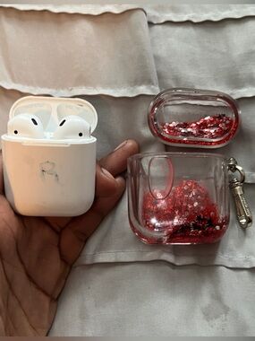 Refurbished Apple White AirPods with Kate Spade Red Glitter Liquid Case Cover